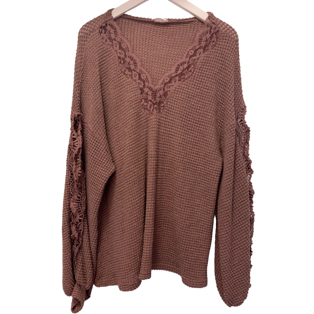 Chestnut Lace Balloon Sleeve Waffle Sweater